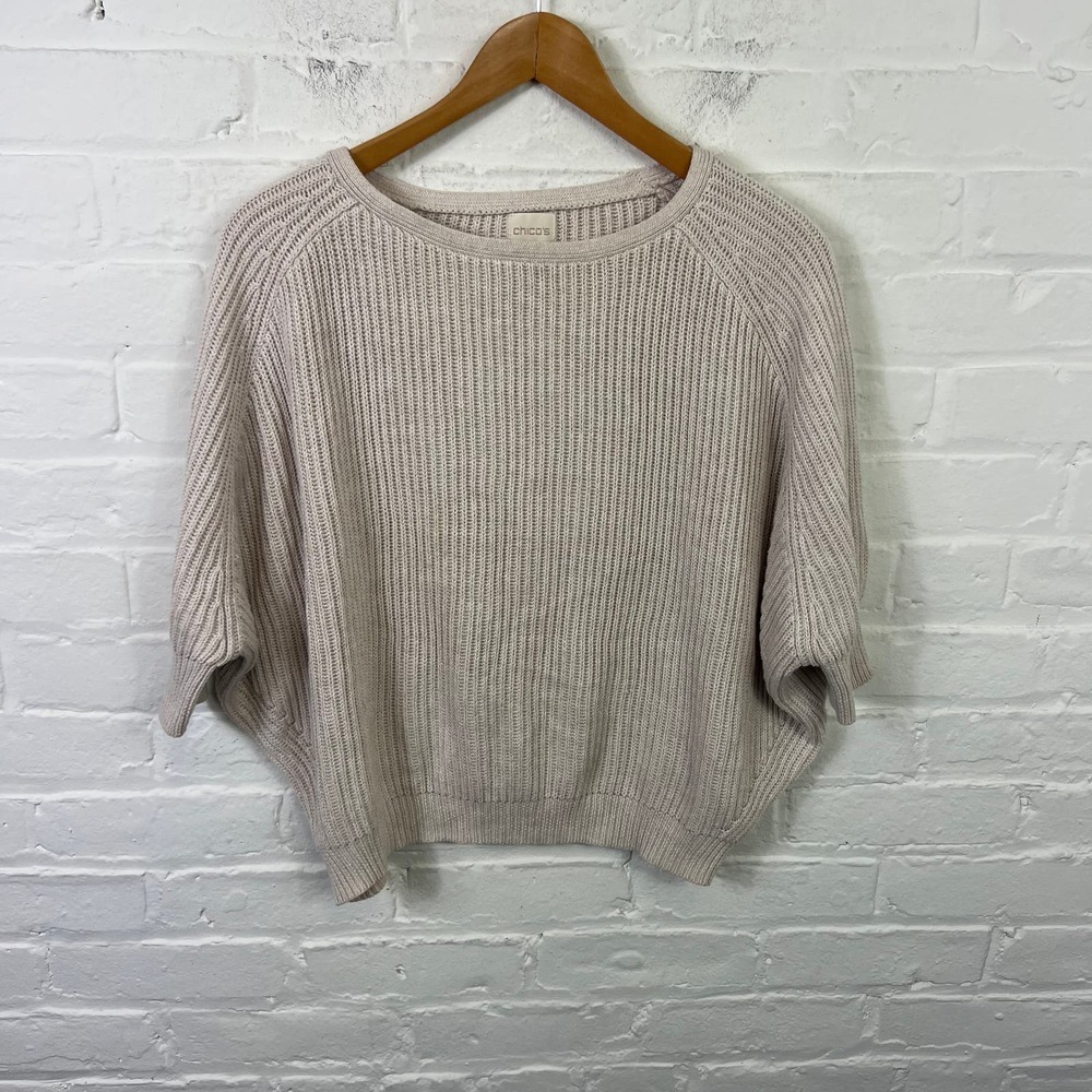 Chico's Women's Round Neck Shaker Boxy Cropped Sweater 3/4 Sleeve Cream Size 0